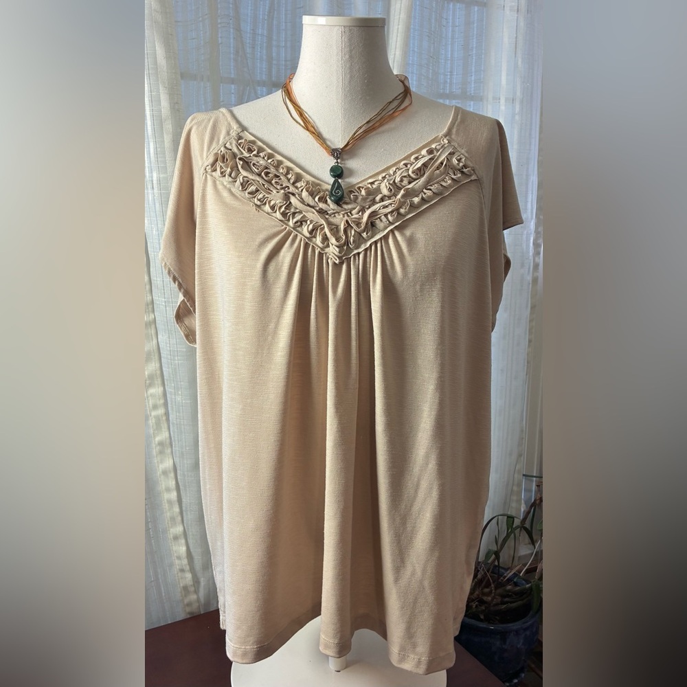 Rafaella Soft Taupe Short Sleeve Blouse with Braided V-Neck